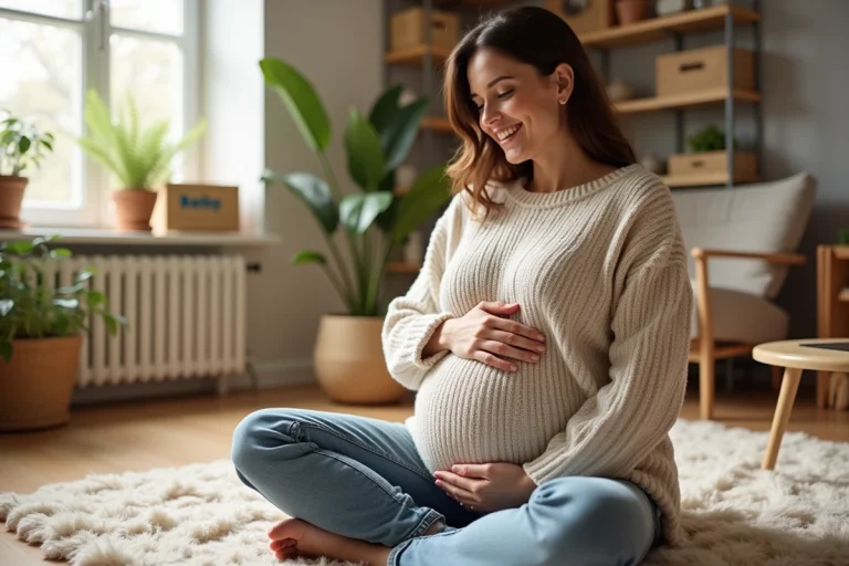 Femme enceinte assise sur un tapis dans un salon lumineux