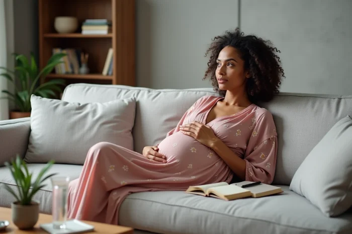 Femme enceinte tenant un carnet de suivi des nausées de grossesse assise sur un canapé confortable, illustrant le traitement Cariban
