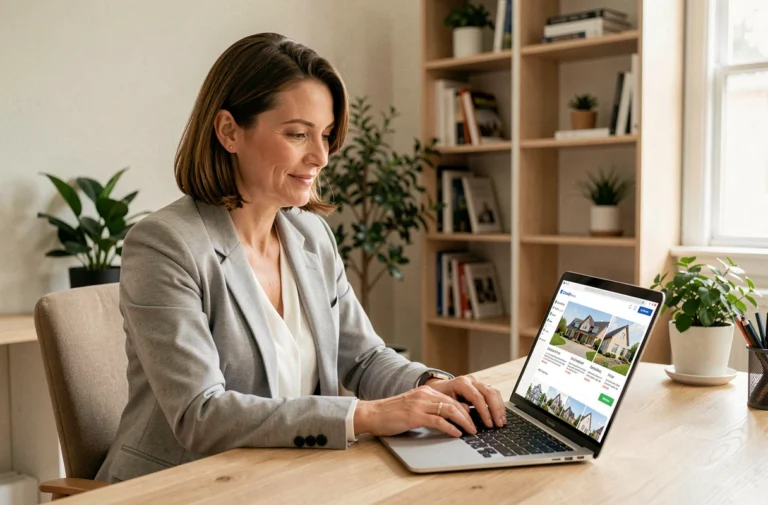 Femme professionnelle gérant ses démarches immobilières en ligne sur un ordinateur portable depuis un bureau à domicile