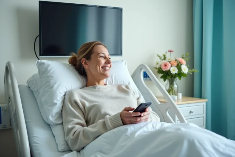 Femme souriante dans son lit d'hôpital avec télévision