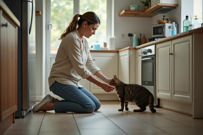 Femme à genoux avec chat dans une cuisine moderne