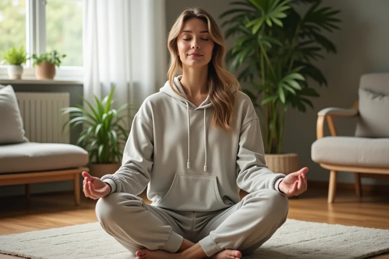 Femme en méditation assise dans un salon cosy