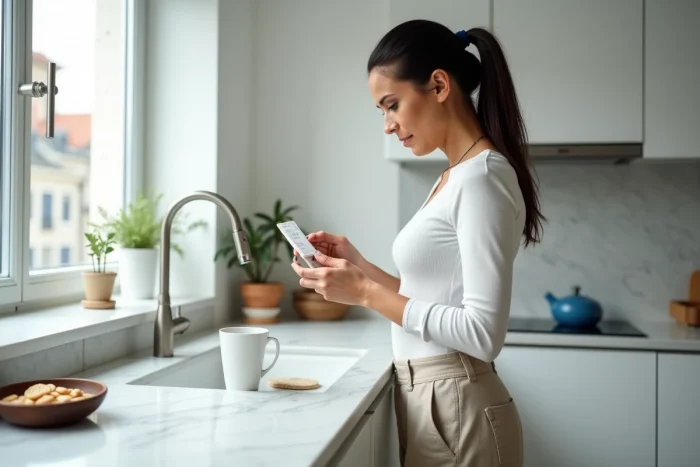 Femme lisant attentivement la notice d'un traitement contre les nausées de grossesse dans une cuisine moderne lumineuse