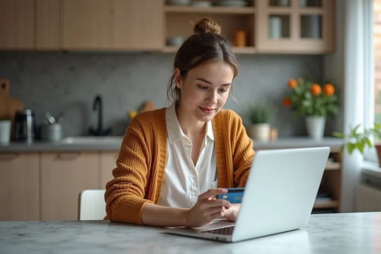 Femme utilisant son ordinateur dans une cuisine moderne