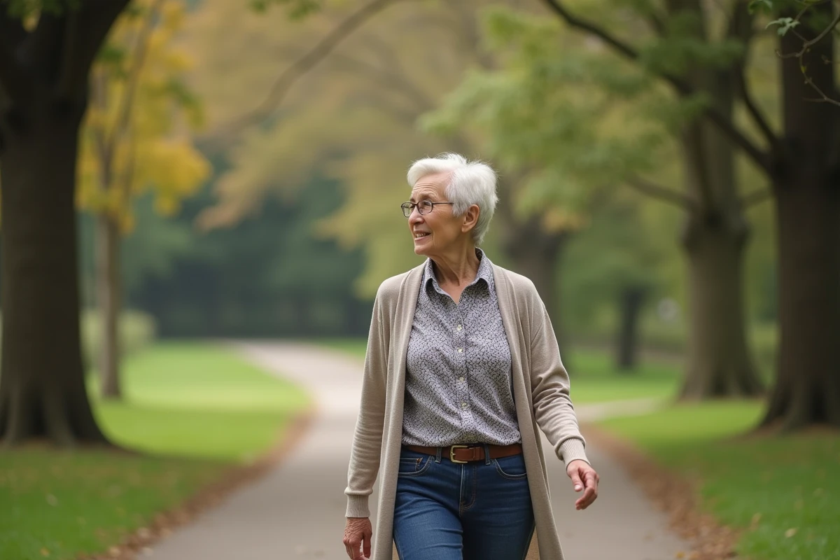 Femme de 60 ans marchant dans un parc en pleine nature
