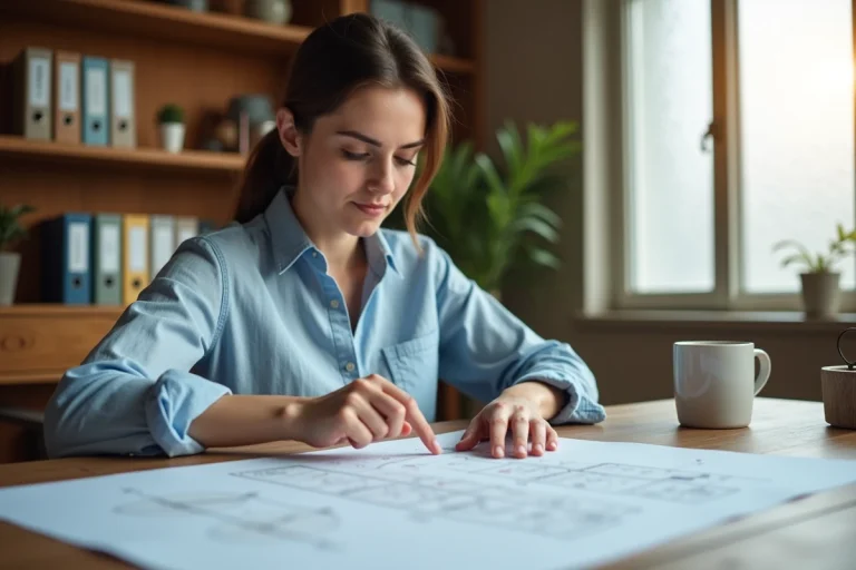 Femme consultant un plan de site imprimé sur un bureau en bois dans un bureau moderne