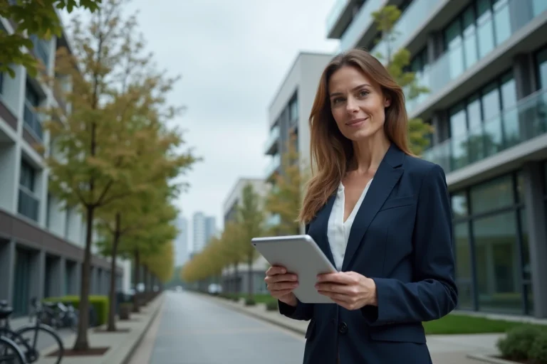 Femme professionnelle de l'immobilier devant un immeuble moderne avec une tablette affichant des tendances du marché en 2024