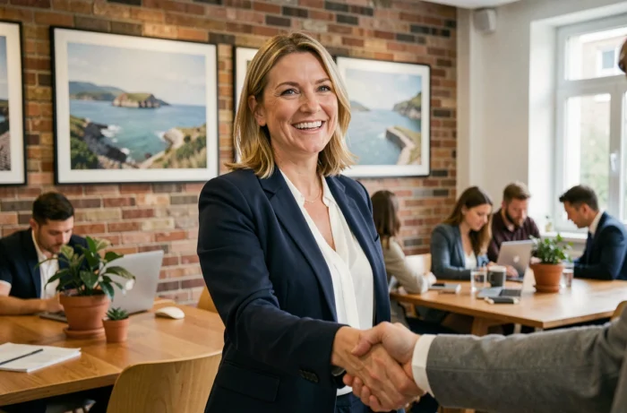 Femme professionnelle souriante serrant la main d'un contact lors d'un événement de networking dans un espace coworking breton