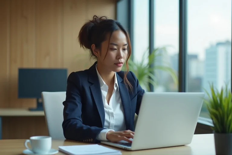 Femme professionnelle en bureau moderne lors de la publication d'un communiqué