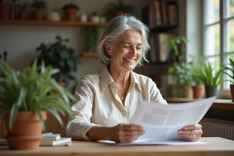 Femme de 60 ans lisant un journal dans une cuisine chaleureuse