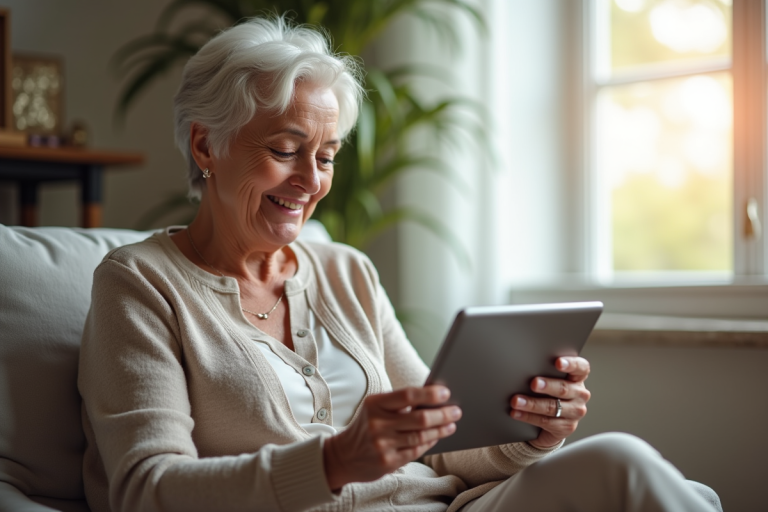 Femme senior souriante utilisant une tablette pour un appel vidéo