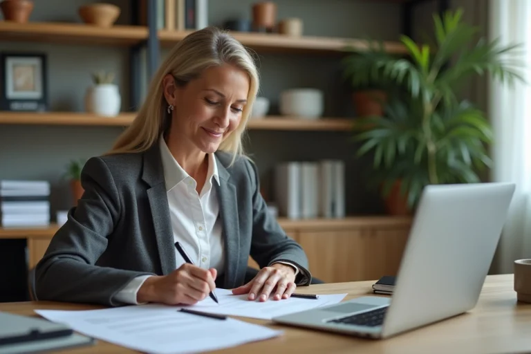 Femme d'affaires signant un contrat dans un bureau moderne