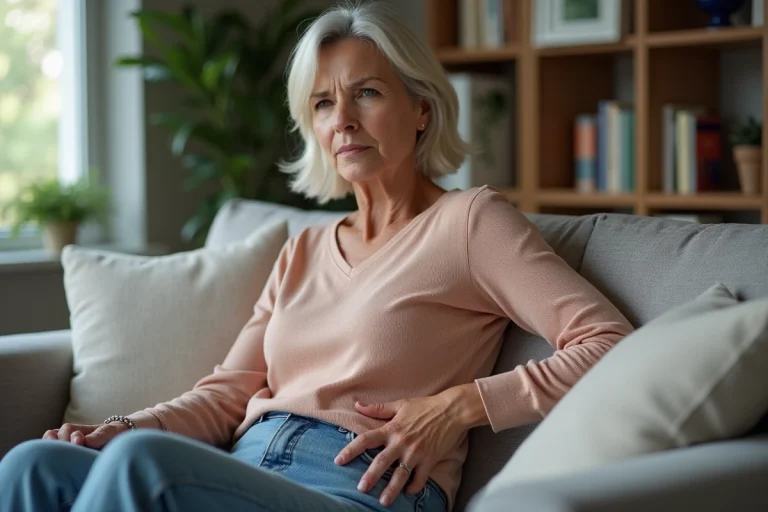 Femme d'âge moyen touchant ses côtes en sofa