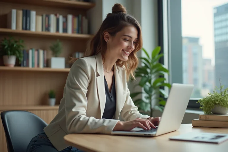 Jeune femme au travail sur son ordinateur dans un appartement lumineux
