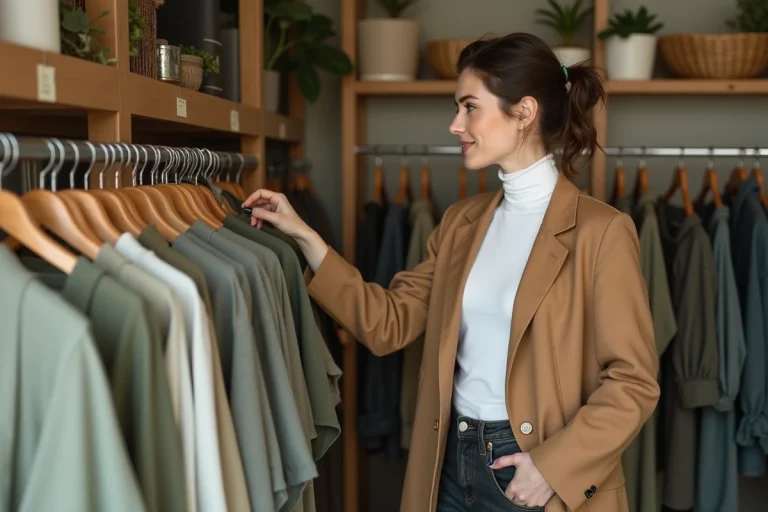 Femme stylée choisissant des vêtements responsables dans une boutique de mode durable aux tons naturels