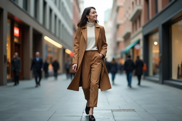 Femme élégante dans la ville en trench camel