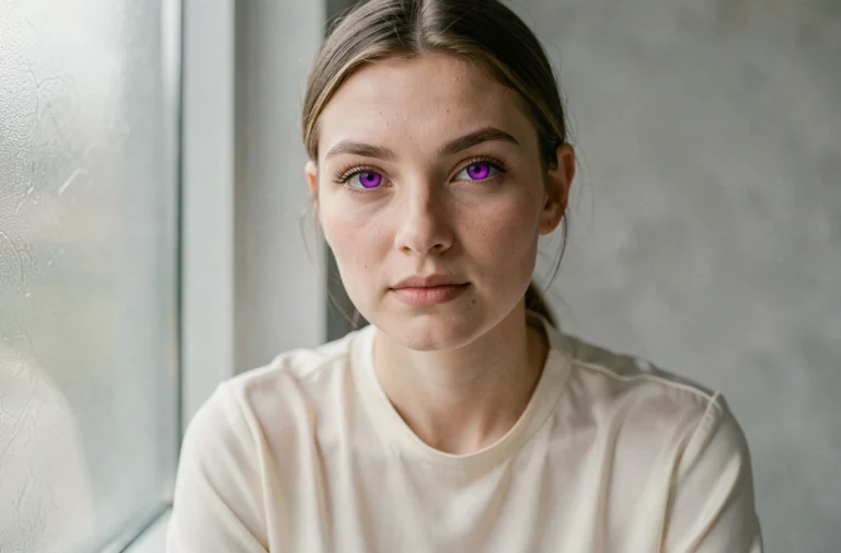 Portrait en gros plan d'une femme aux yeux violets naturels, regard intense, fond épuré en studio éditorial