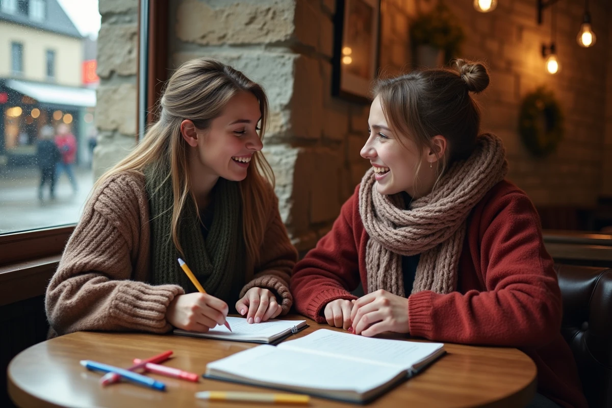 Deux femmes bretonnes discutant autour d un café