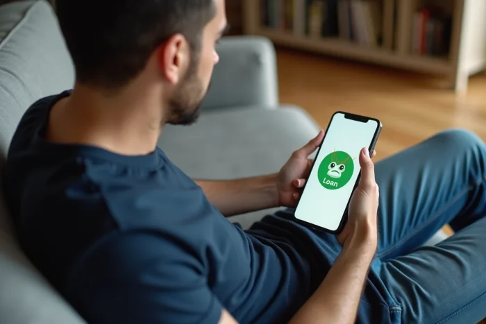 Homme utilisant une application de mini-prêt rapide FinFrog sur son smartphone depuis son canapé