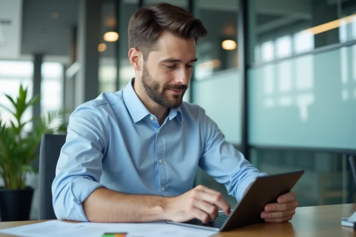 Homme consultant une demande de crédit renouvelable dématérialisé Floa Bank sur une tablette dans un bureau