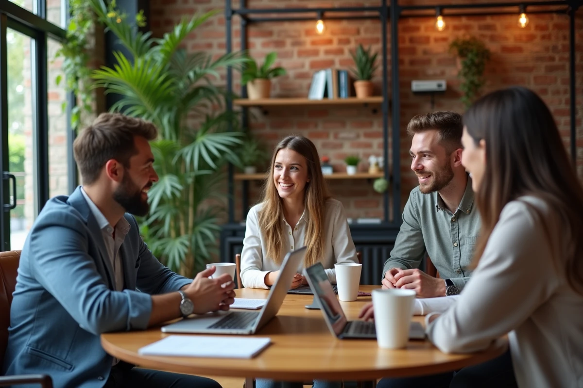 Groupe de jeunes en coworking discutant autour d