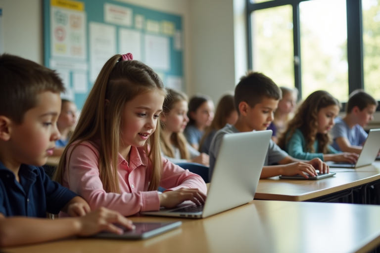 Groupe d'élèves de collège travaillant sur tablettes