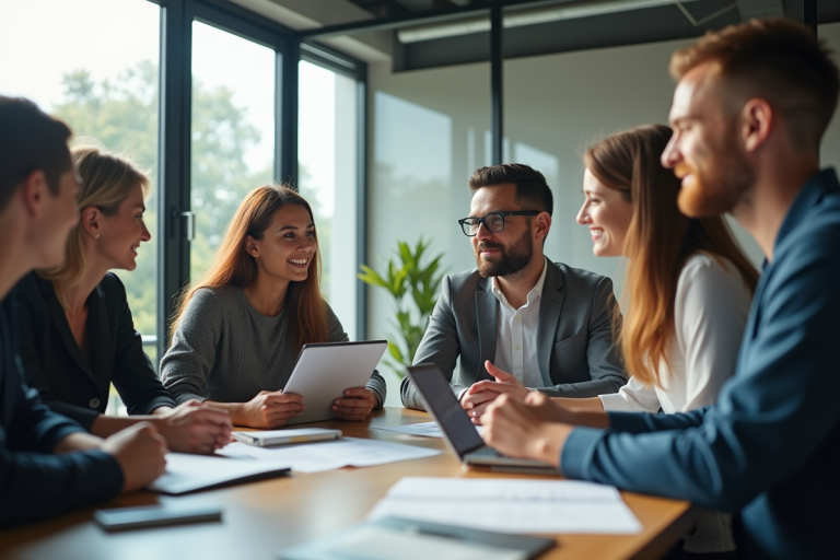 Groupe d'entrepreneurs dans un bureau lumineux collaborant