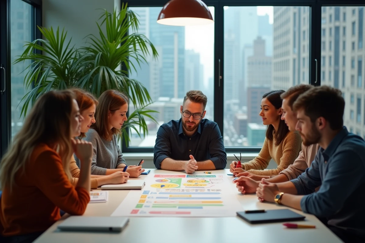 Groupe d entrepreneurs discutant autour d une table dans un espace de coworking