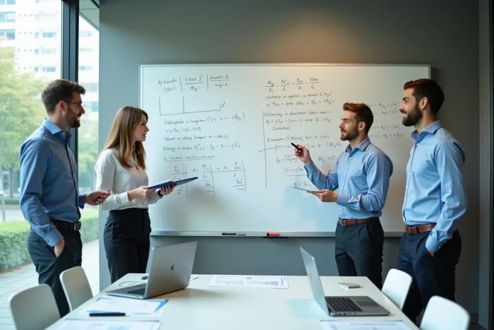 Groupe d'étudiants en master El Karoui collaborant sur des modèles de mathématiques financières devant un tableau blanc