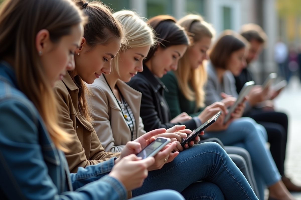 Groupe de personnes partageant des fichiers sur des tablettes et smartphones en extérieur
