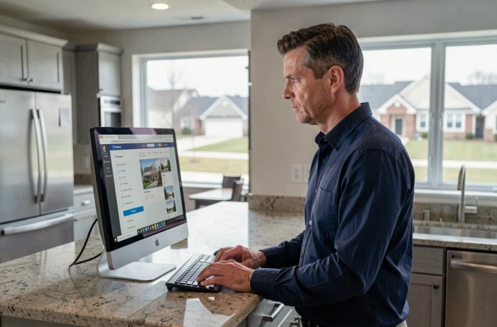 Homme accédant à un portail immobilier en ligne depuis un ordinateur de bureau dans une cuisine moderne