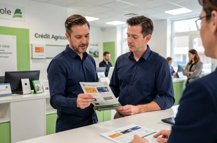 Homme en agence Crédit Agricole consultant une brochure de comparaison de cartes bancaires