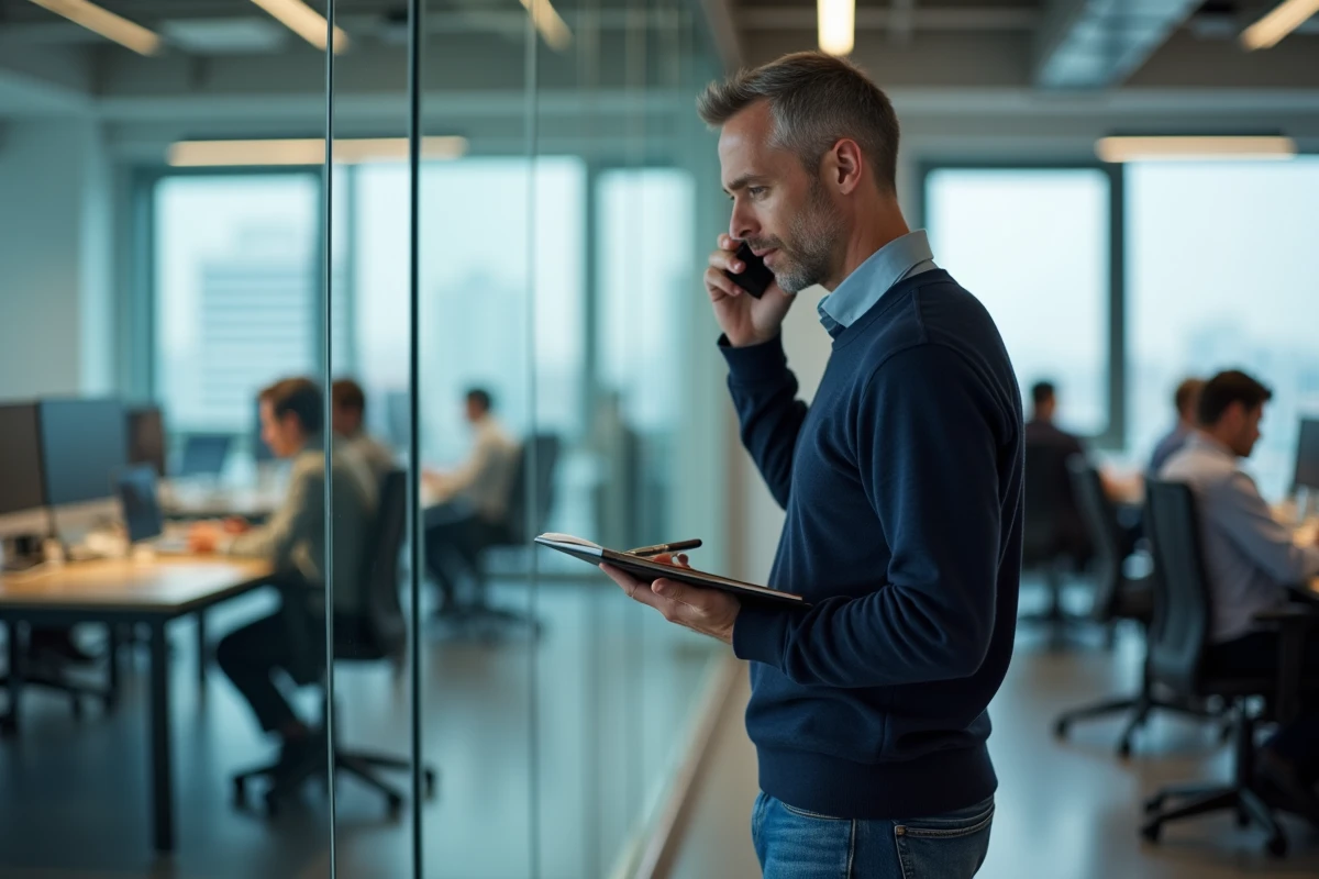 Homme au bureau parlant au téléphone dans un espace ouvert