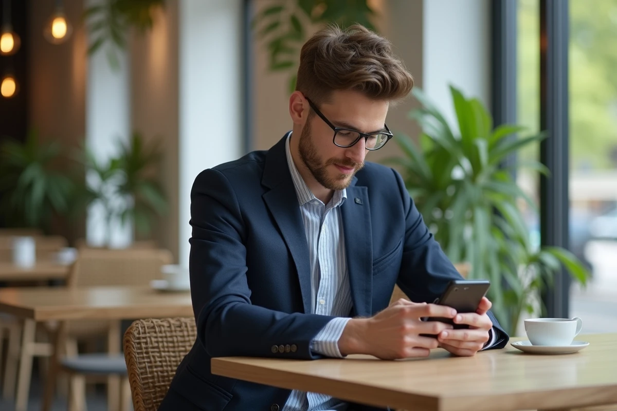 Homme au café moderne vérifiant son smartphone