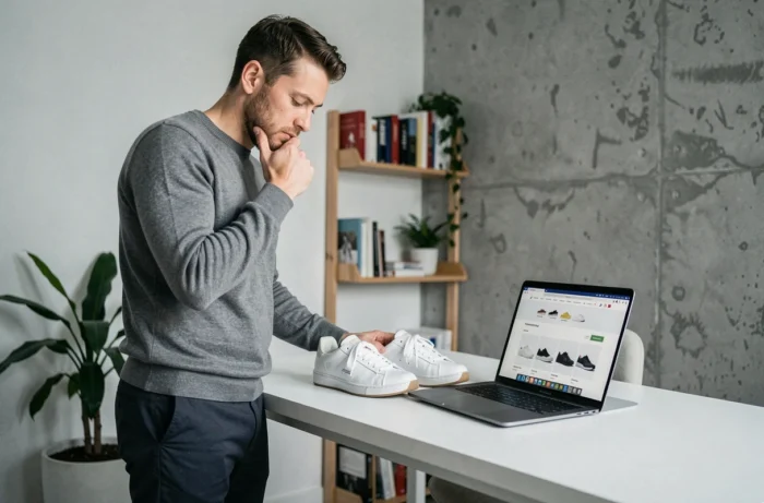 Homme comparant deux paires de sneakers sur son bureau devant un ordinateur portable lors d'un achat de chaussures en ligne