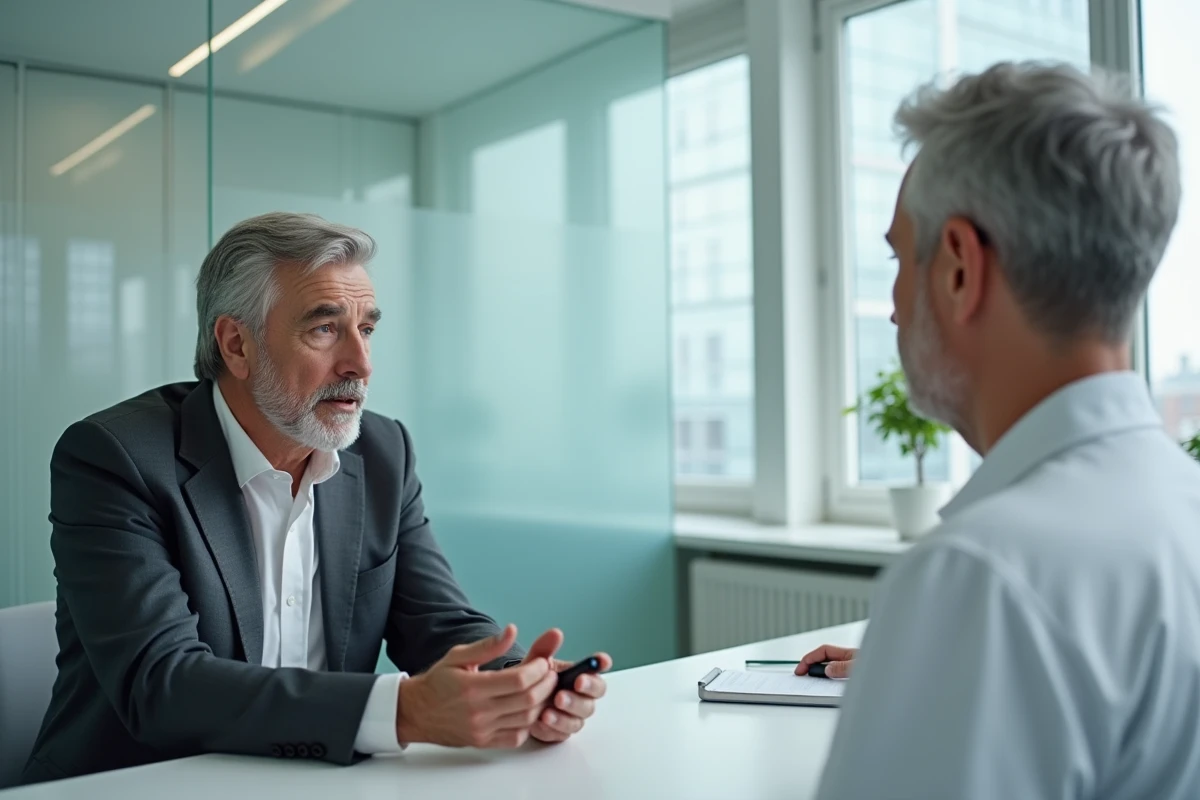 Homme en discussion avec un audioprothesiste dans une clinique moderne