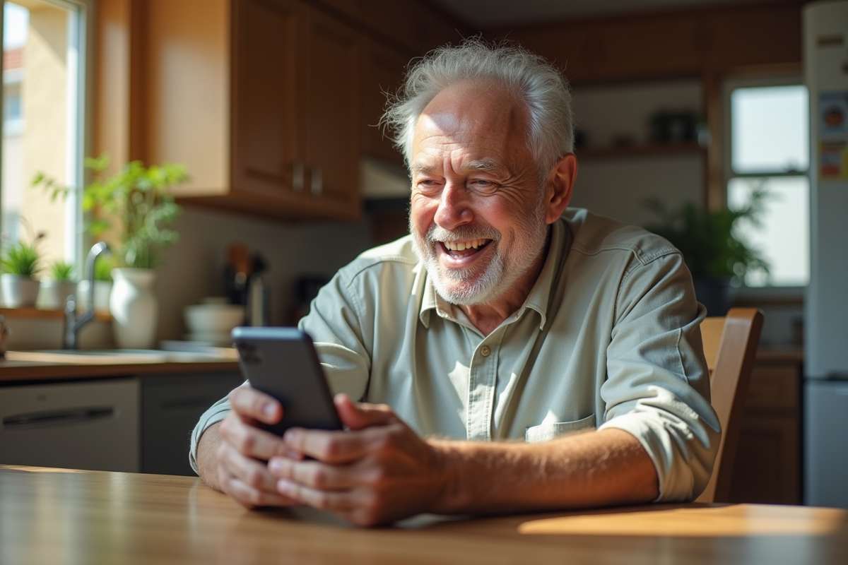 Homme âgé recevant un message sur son smartphone à la cuisine