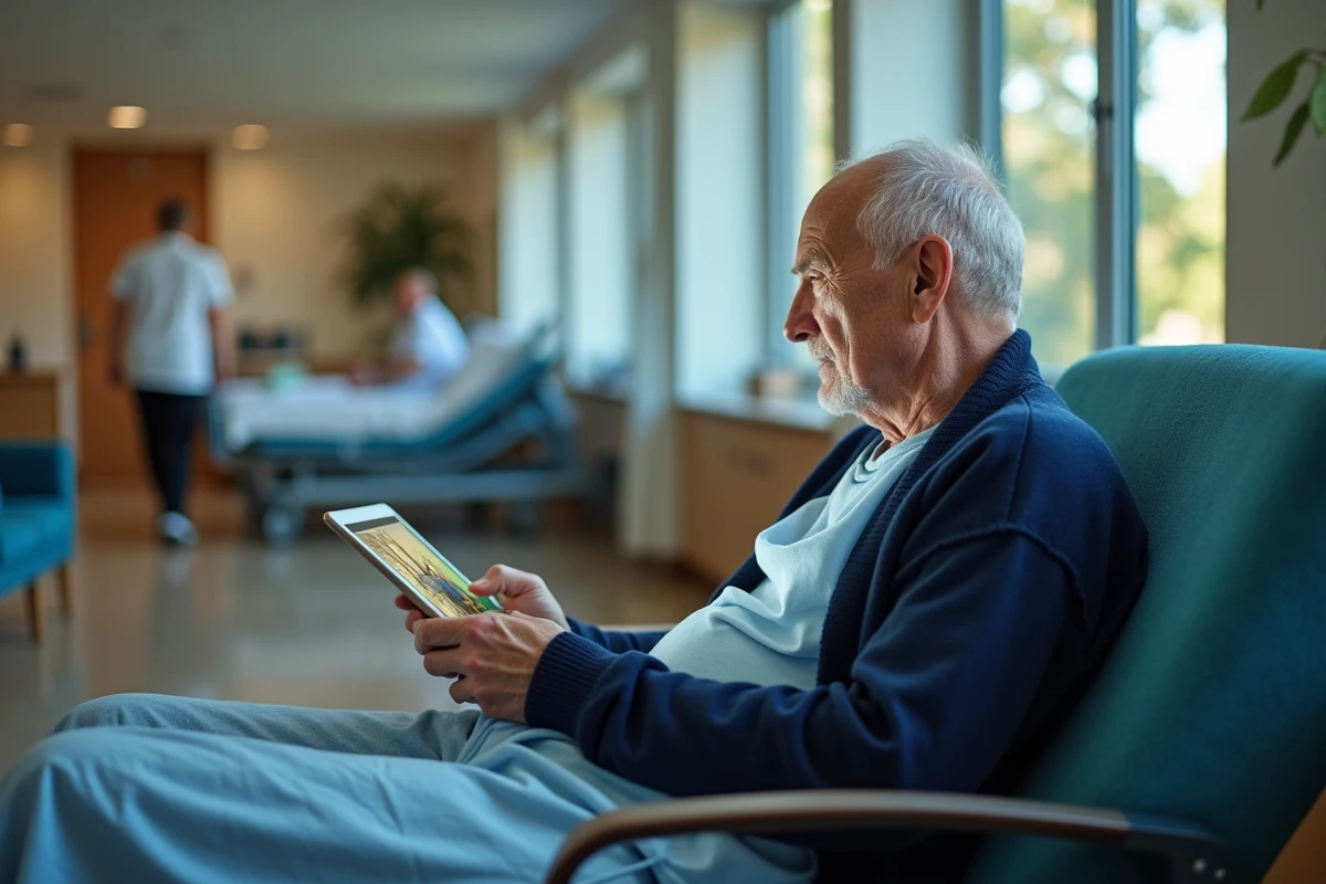 Homme âgé regardant une série sur sa tablette dans le salon hospitalier