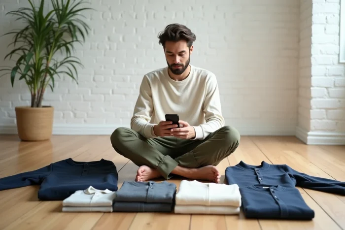 Homme entouré d'une garde-robe capsule minimaliste et éco-responsable dans un appartement moderne