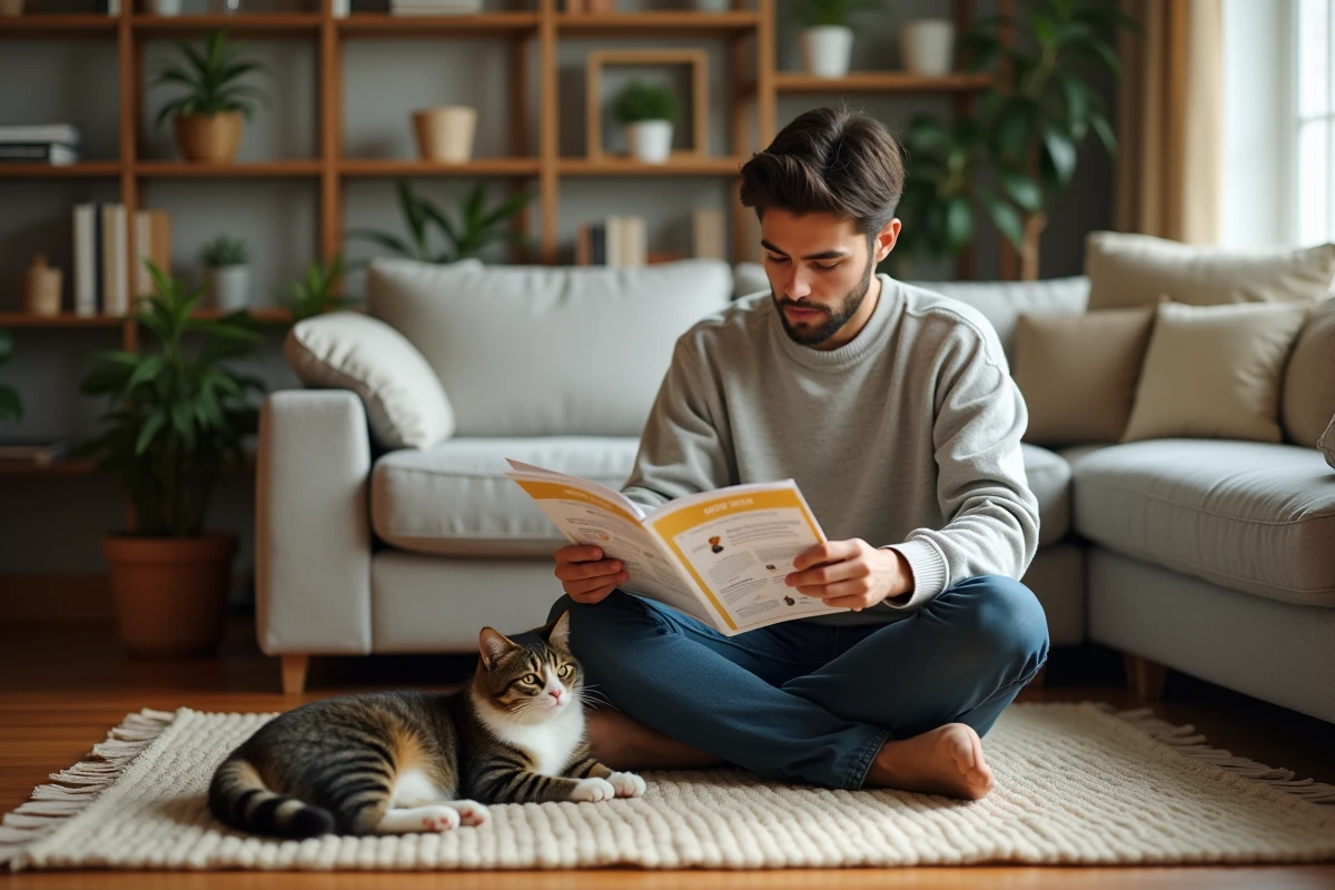 Jeune homme avec chat et livret dans le salon
