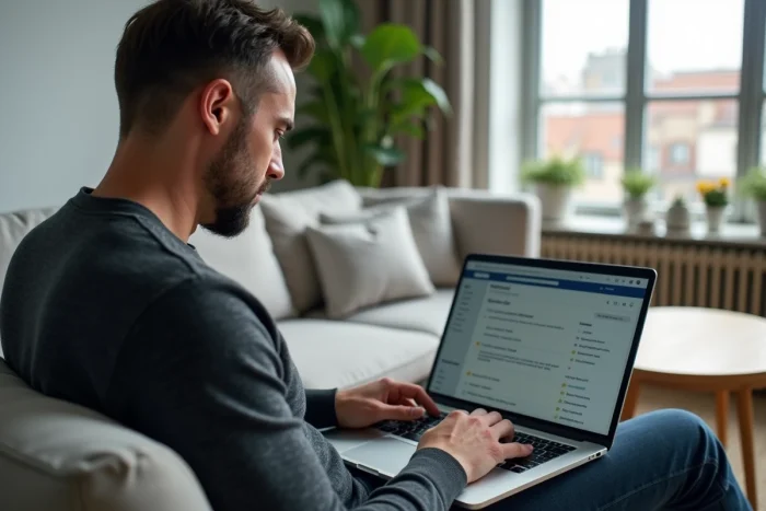 Homme parcourant un plan de site sur son ordinateur portable dans un salon contemporain