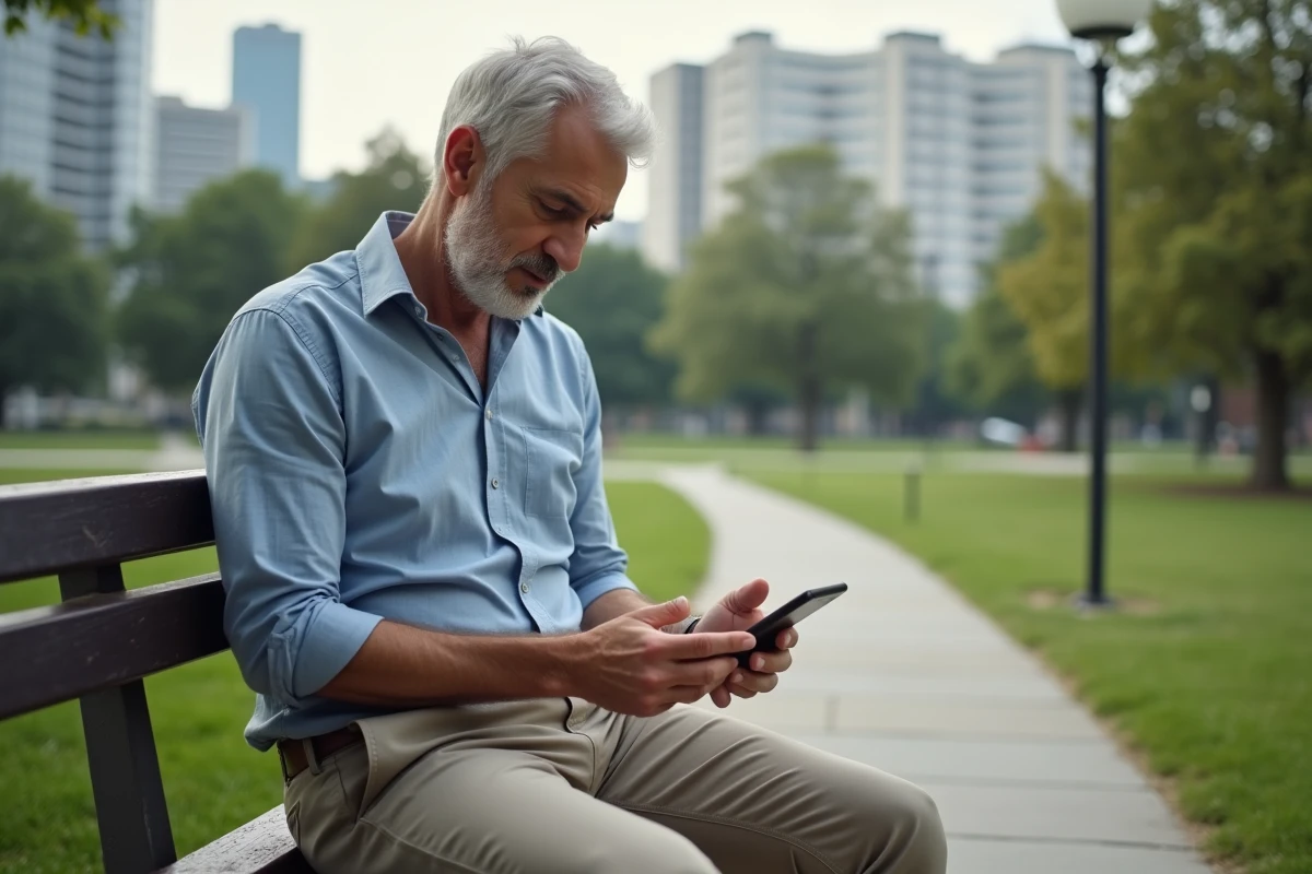 Homme lisant des titres économiques sur son smartphone dans un parc