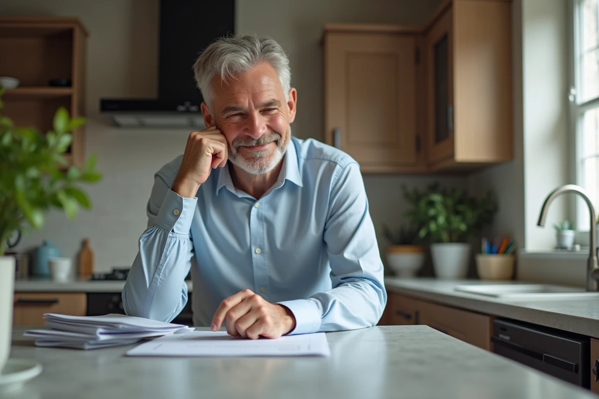 Homme relisant une lettre dans une cuisine domestique