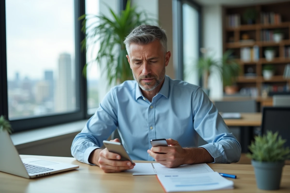 Homme daffaires utilisant son smartphone dans un bureau lumineux
