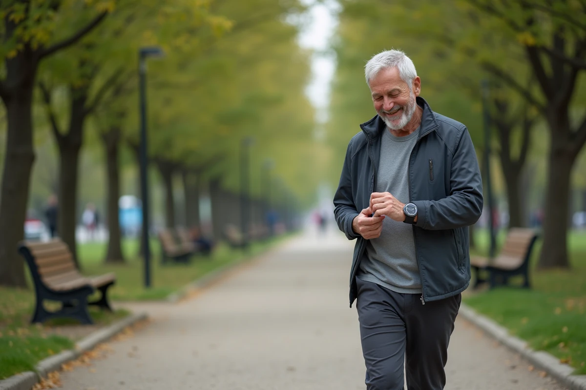 Homme en marche avec tracker dans un parc urbain