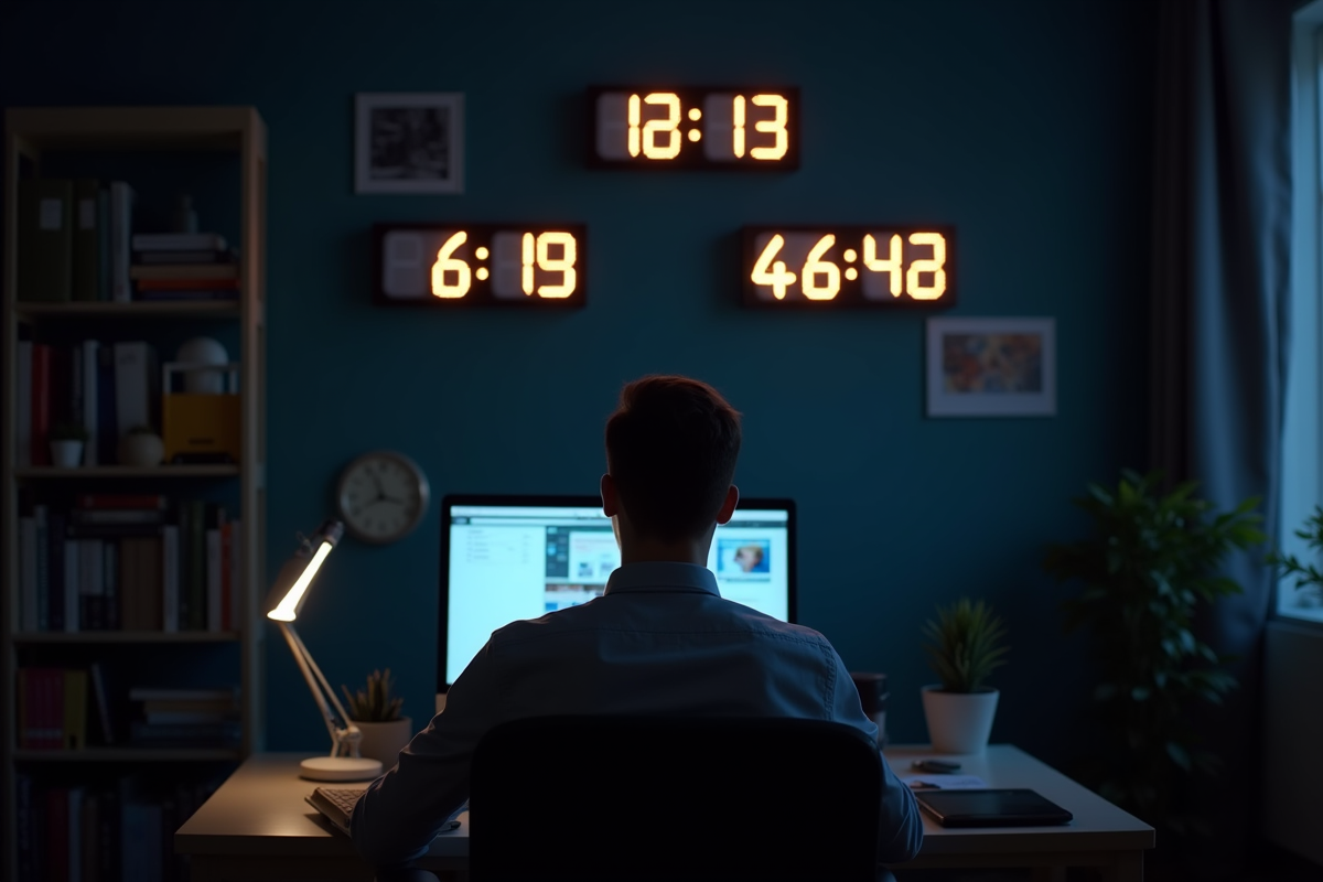 Homme en visioconference dans un bureau à la nuit avec horloges mondiales