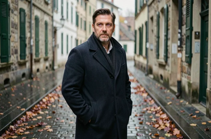 Homme aux yeux violets en manteau marine dans une rue pavée européenne en automne, atmosphère éditoriale