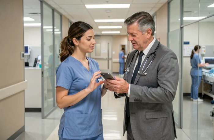 Infirmière et médecin consultant ensemble une application de santé numérique sur smartphone dans un couloir d'hôpital