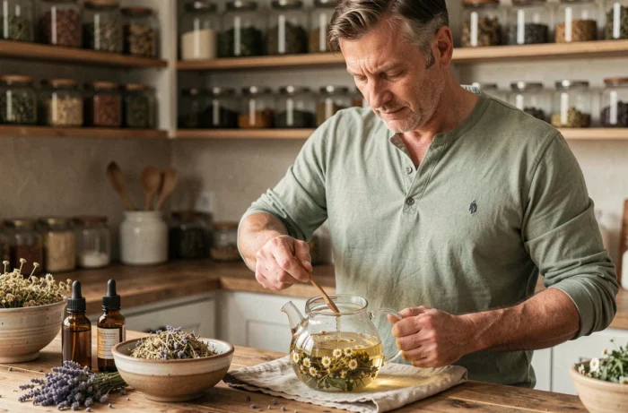 Homme préparant une infusion de plantes médicinales dans une cuisine rustique, solution bien-être naturelle pour retrouver l'équilibre