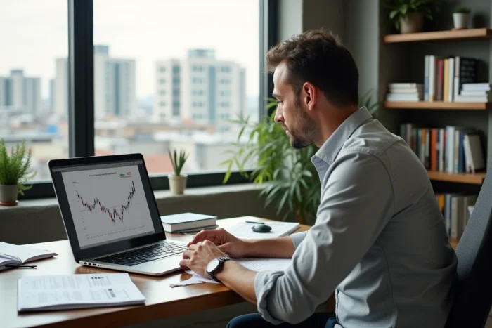 Investisseur immobilier analysant des documents de tendances du marché dans un bureau moderne avec vue sur la ville